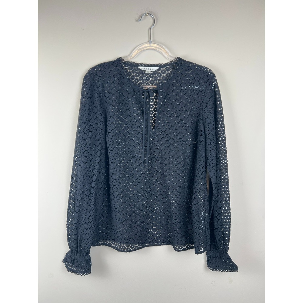 Boden Geo Lace Top US 12 Black Romantic Sheer Lace Blouse Tie Neck - Picture 2 of 10